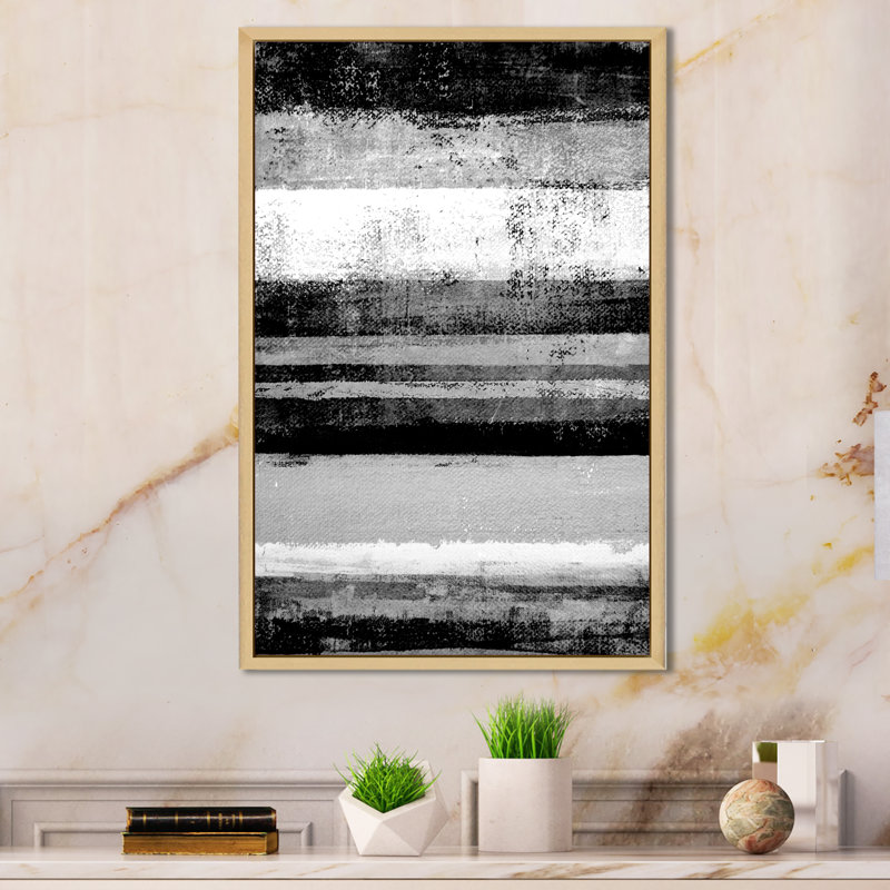 Bandes abstraites noires et blanches - Peinture sur toile, H 36 po x l 24 po x P 1 po, Cadre naturel flottant