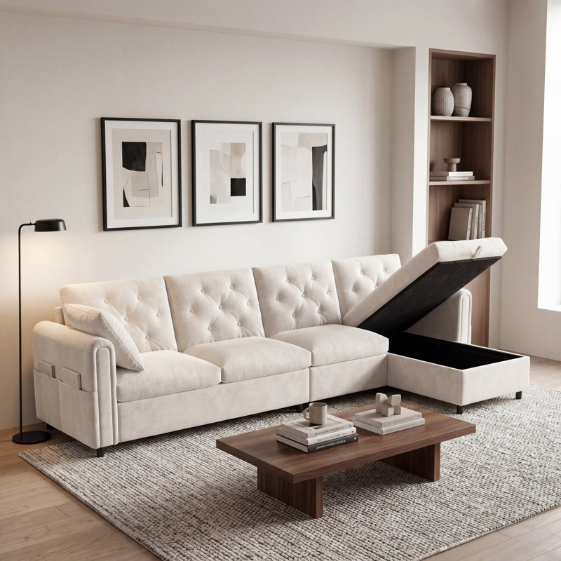 4 Seater Velvet Sofa, Beige