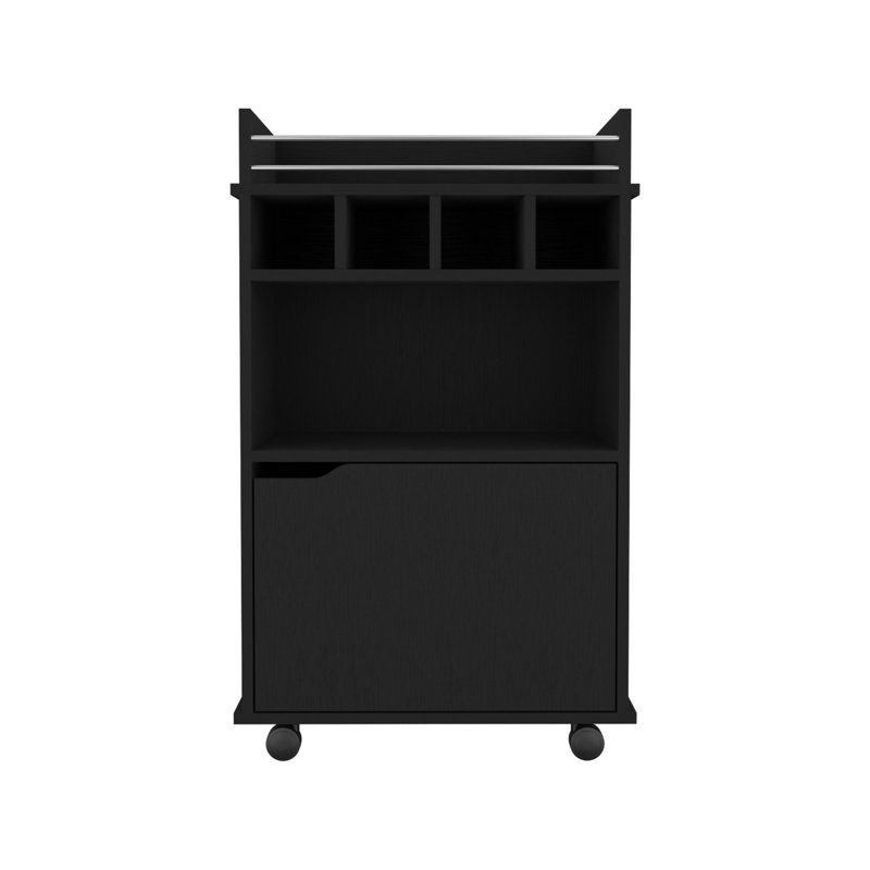 Chariot-bar avec 2 tablettes ouvertes, 4 casiers et une armoire