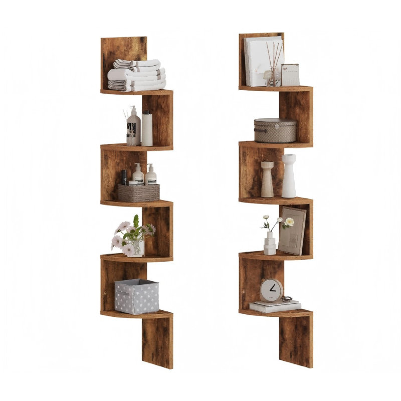 Set Of 2 Floating Corner Shelves For Wall,Rustic Brown