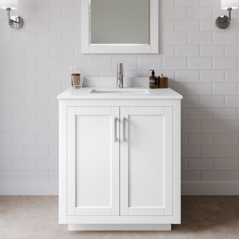 Miranda 30" Freestanding Single Bathroom Vanity with Cultured Marble Top with 24" Mirror, Brushed Nickel, White