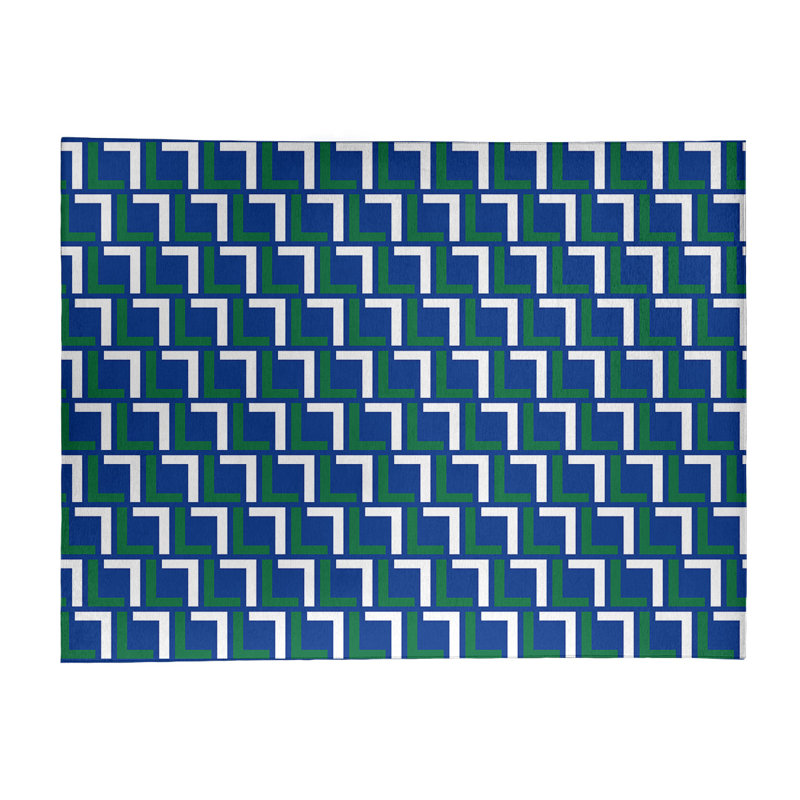 Tapis géométrique vert / bleu / blanc, Rectangle 5 pi x 7 pi