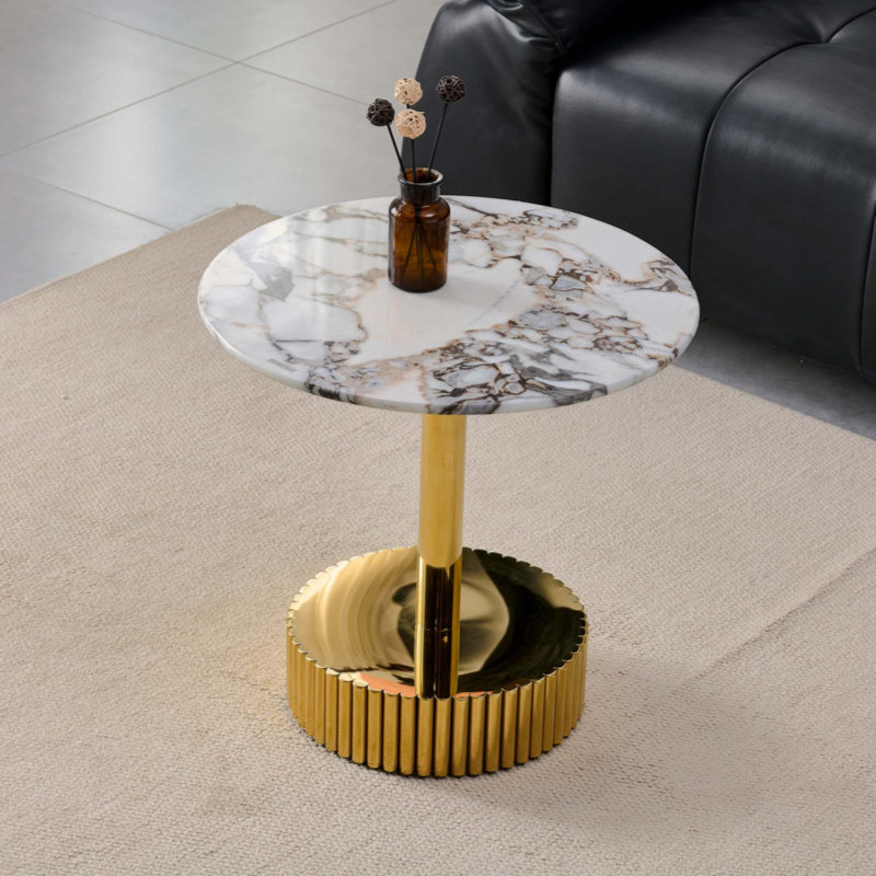 Table de bout moderne, table de chevet, avec verre à motif de marbre avec une structure en acier inoxydable, convient aux salons et aux chambres à coucher, facile à assembler.