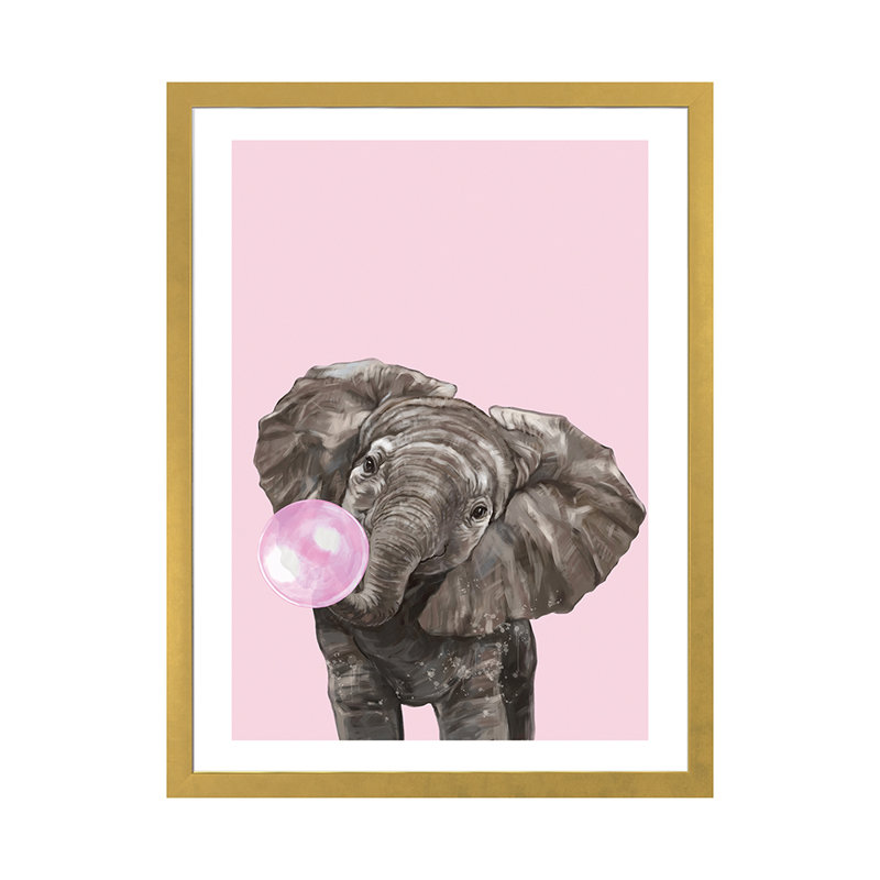 Art d’éléphant de gomme à bulles, Papier encadré doré, H 32 po x l 24 po x P 1 po