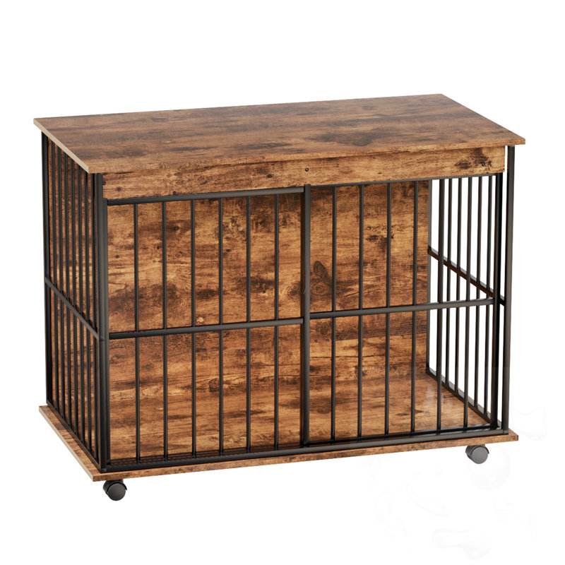 Cage pour chien avec plateau et roues, Noyer / noir
