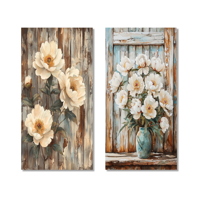 Pivoines par la porte de grange II - ensemble d'art mural en métal Nature, H 40 po x l 40 po