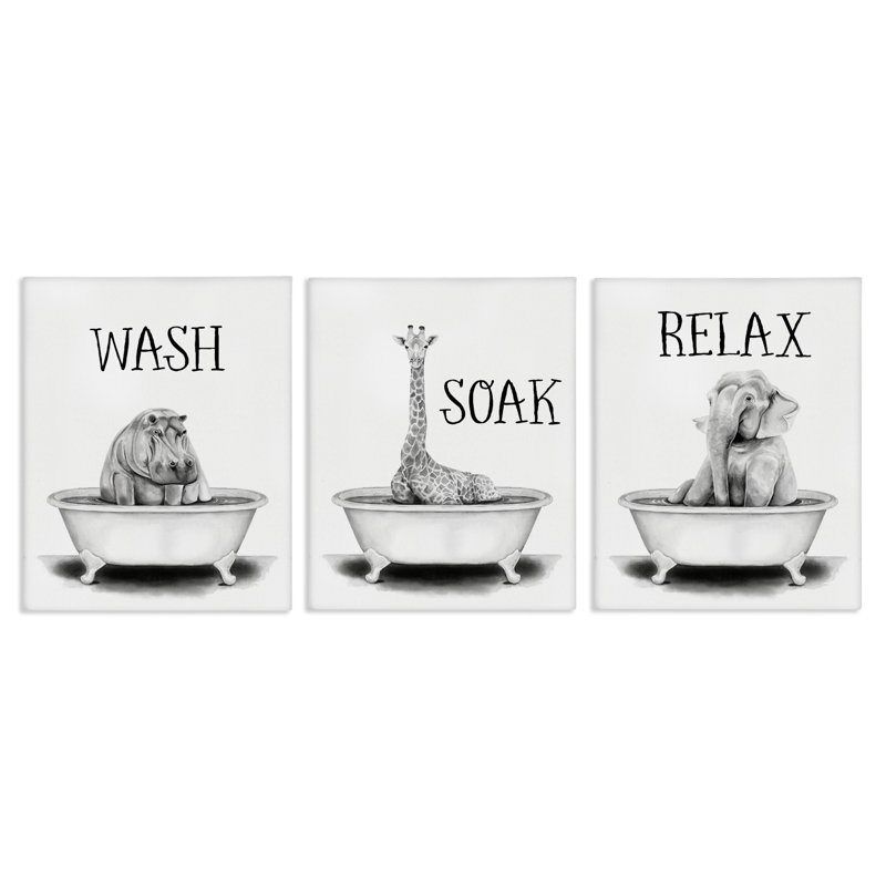 «Wash Soak And Relax Jungle Animal Bath Bath», ensemble de 3 toiles tendues par Rachel Nieman, H 20 po x l 16 po