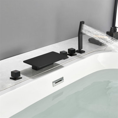 Robinet de baignoire à 5 trous à fixation sur le comptoir avec douche à main, robinets de baignoire à cascade, robinets de baignoire modernes en laiton à 3 poignées avec valve