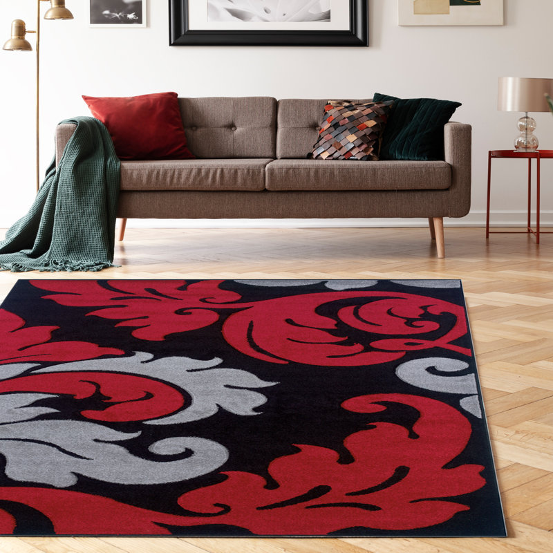 Tapis floral noir / rouge, Rectangulaire 5 pi x 7 pi 7 po