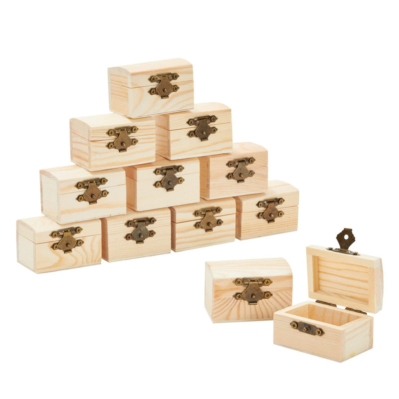 Wooden Boxes - 12-Pack, 2.3 X 1.5 X 1.5 In Natural Pinewood - Unfinished Wood Box With Hinged Lid & Metal Clasp For Crafts & Mini Treasure Chests