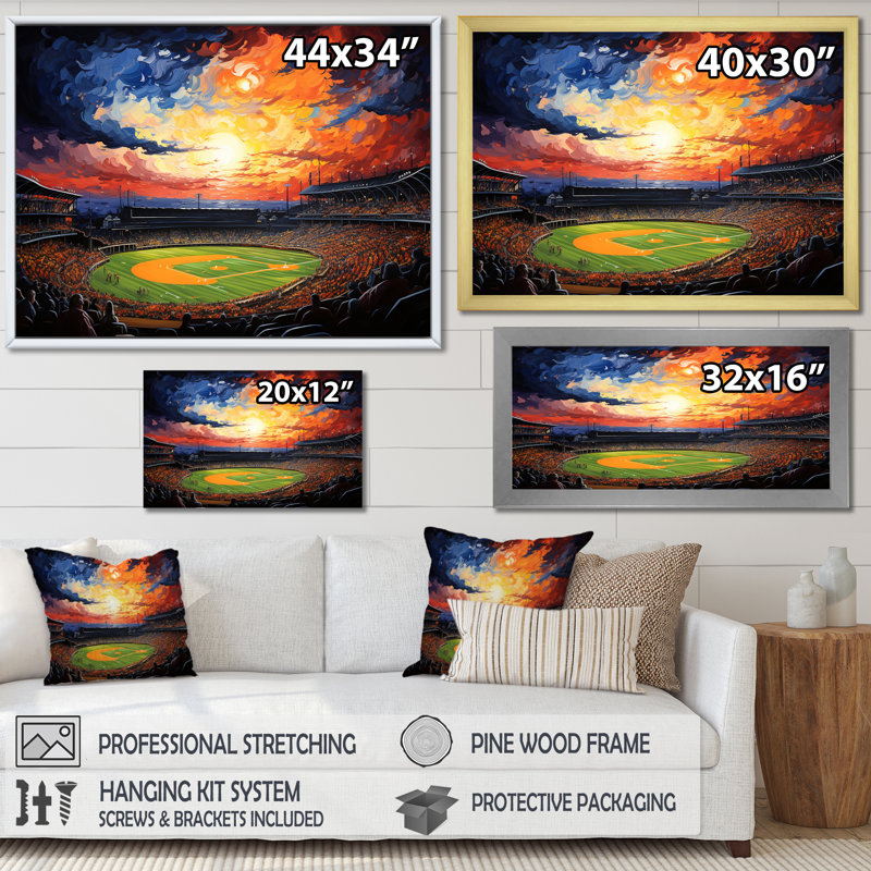 Art nocturne sur toile, "Night match", stade sous les projecteurs I, Cadre simple noir, H 34 po x l 44 po x P 1,5 po