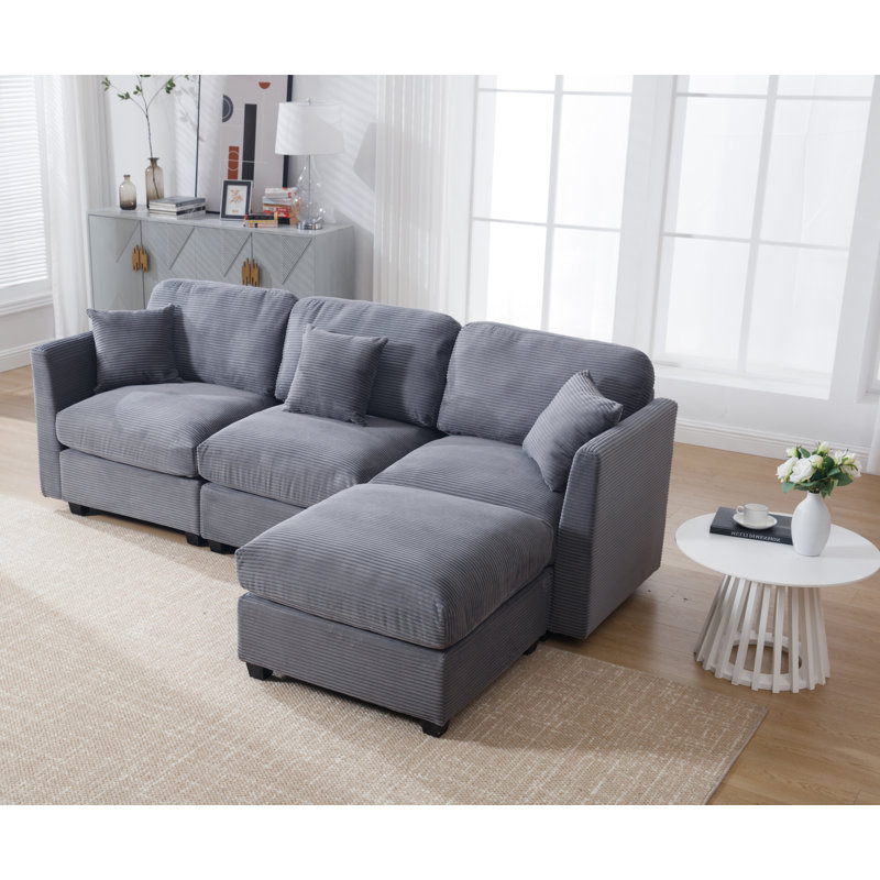 Bustamante 4-seats L-shape Sofa Couch With Ottoman, Dark Gray