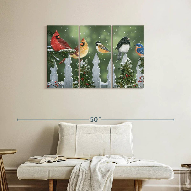 Oiseaux d'hiver Brampt sur une clôture enneigée, H 24 po x l 38 po