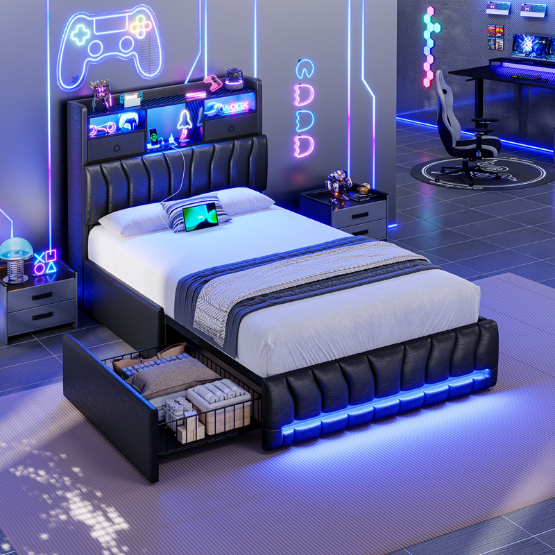 Structure de lit simple avec tête de lit cachée et deux grands tiroirs; Lit de jeu avec éclairage RVB et station de charge; Lit plateforme tapissier en cuir Lit de style sport électronique; Aucun matelas à ressorts requis; Noir