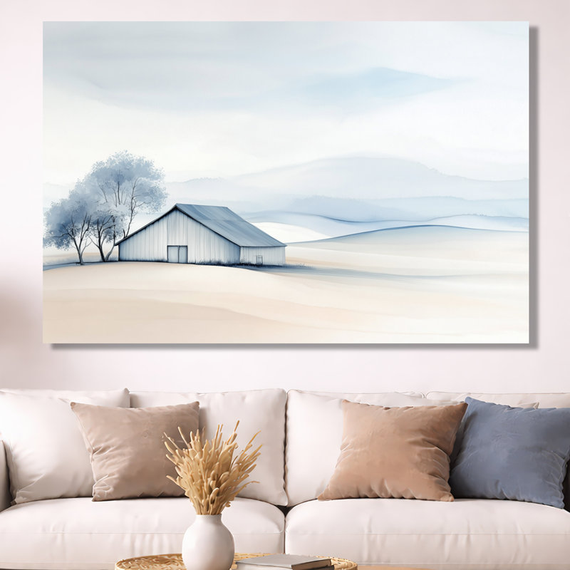 Grange brumeuse à la campagne - Tableau sur toile de style ferme, H 40 po x l 60 po, Toile tendue