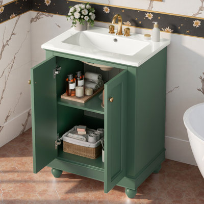 Meuble-lavabo simple autoportant 24 po avec plateau en céramique et tablette réglable 24 po