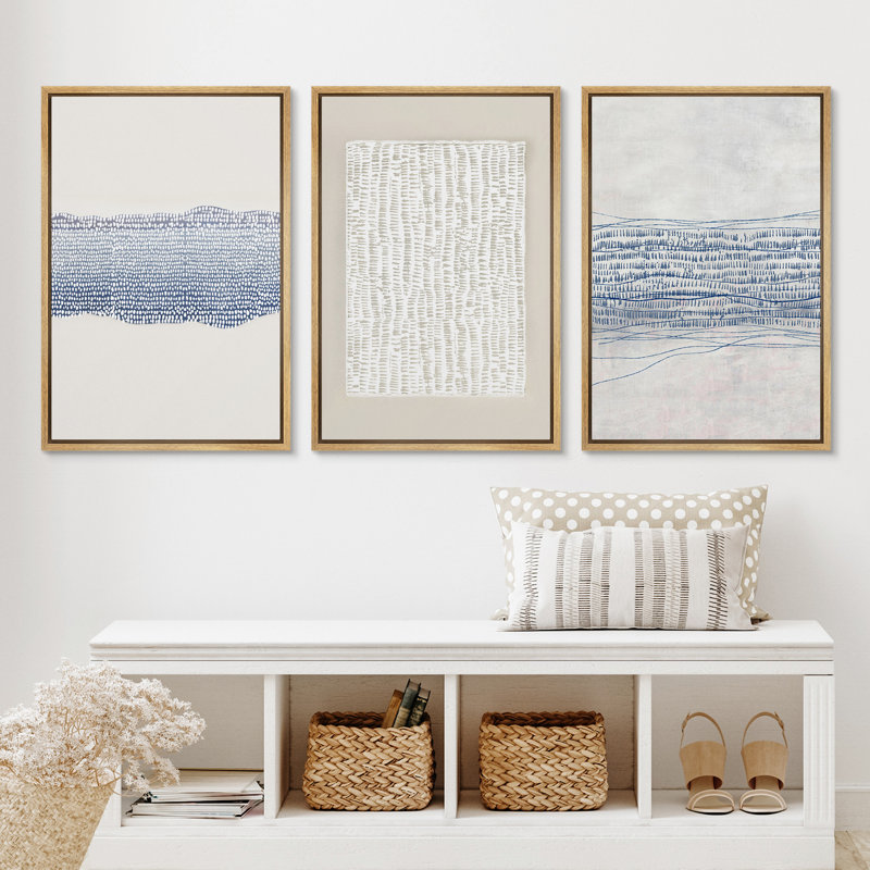 Geometric Line Blue Grunge Abstract Modern Neutral Pictures Frame Canvas 3 Piece Print Wall Art, Natural Framed