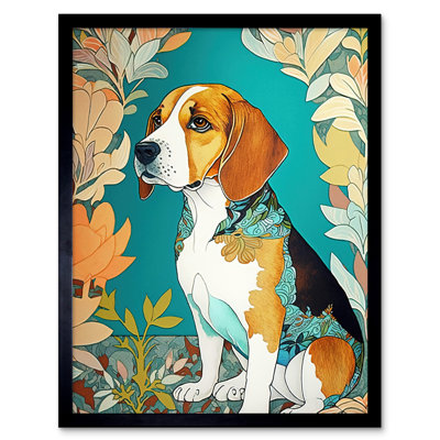 Beagle Dog With Floral Frame And Ornate Fur Coat Colourful Modern Nouveau - Single Picture Frame Print