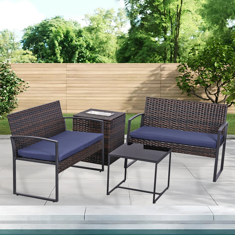 Ensemble de 4 canapés modulaires en osier de patio avec coussins lavables Pe, Bleu marine foncé, Brun