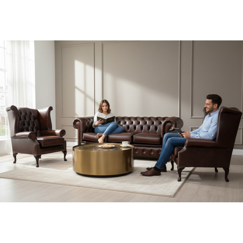 Chesterfield 3 Seater Sofa + 2 X Queen Anne Chairs Leather Sofa Suite Offer, Brown