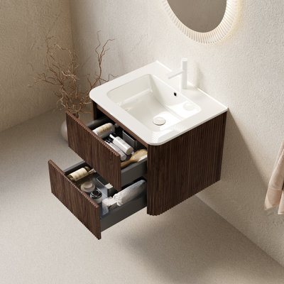 24" Wall-Mounted Floating Bathroom Vanity With Sink, Plywood Storage Cabinet, 2 Drawers, White Ceramic Basin, Retro Walnut Woodgrain | Gift Idea