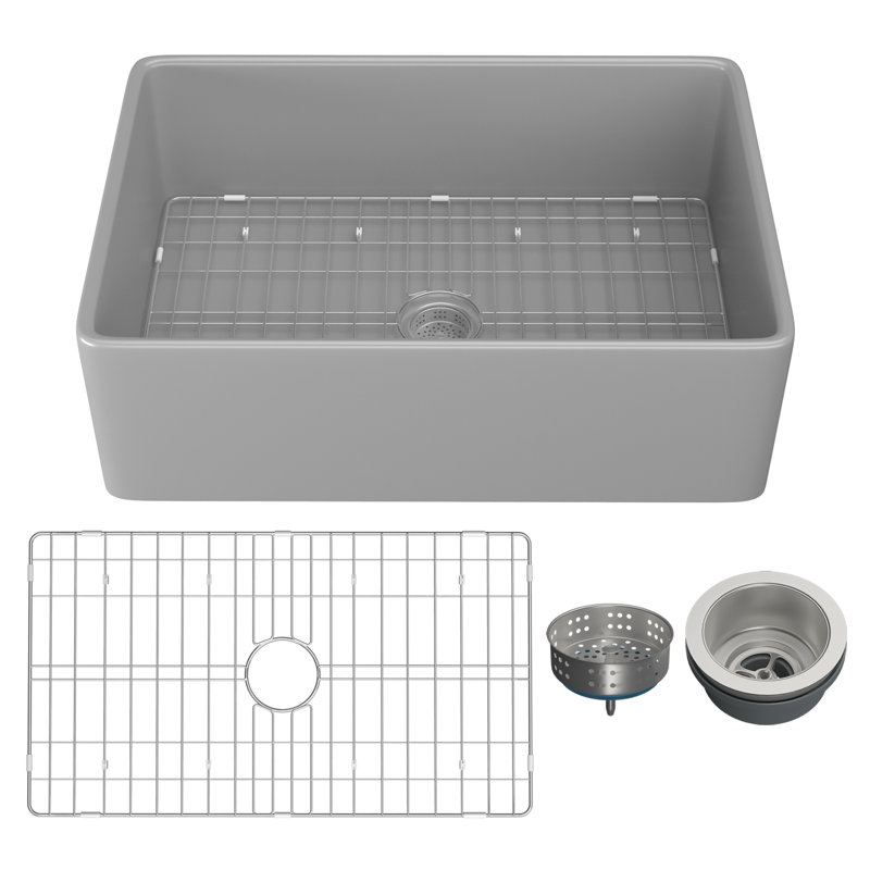 Évier de cuisine en argile réfractaire 20 "avec grille d'évier et crépine, gris, H 10 po x l 20 po x L 30 po