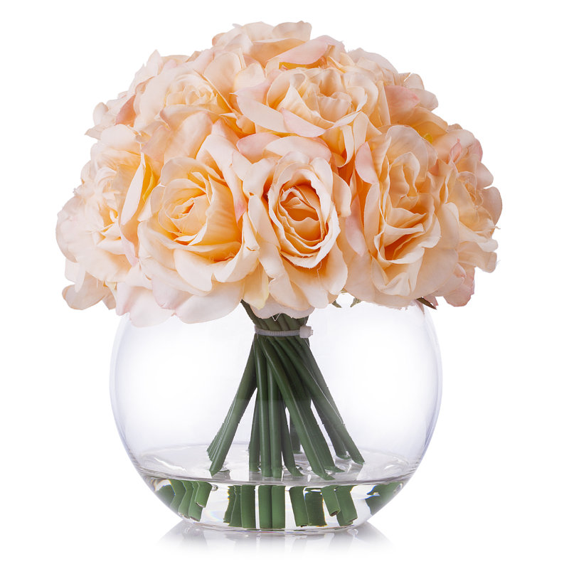 Arrangement floral en soie de rose 21 têtes en vase rond, Pêche