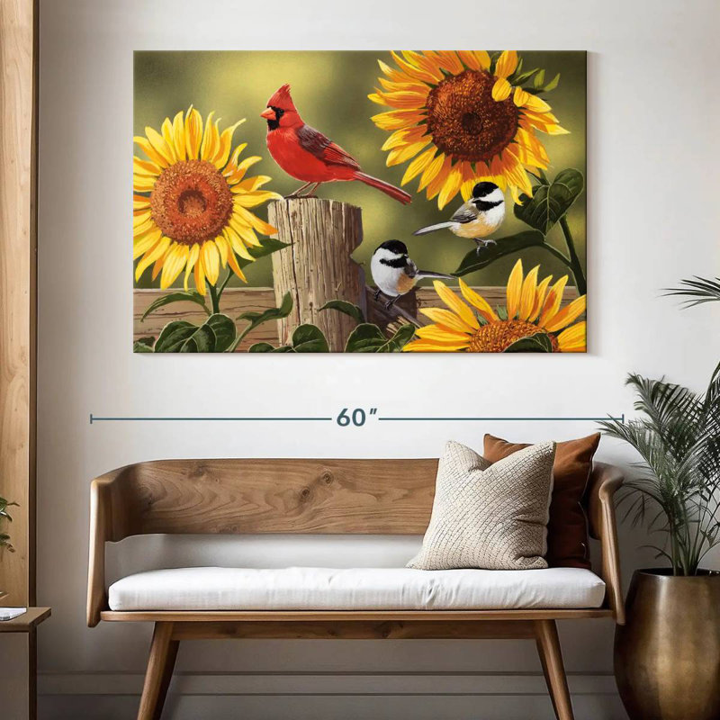 Tournesols Brampt et oiseaux chanteurs, H 34 po x l 51 po