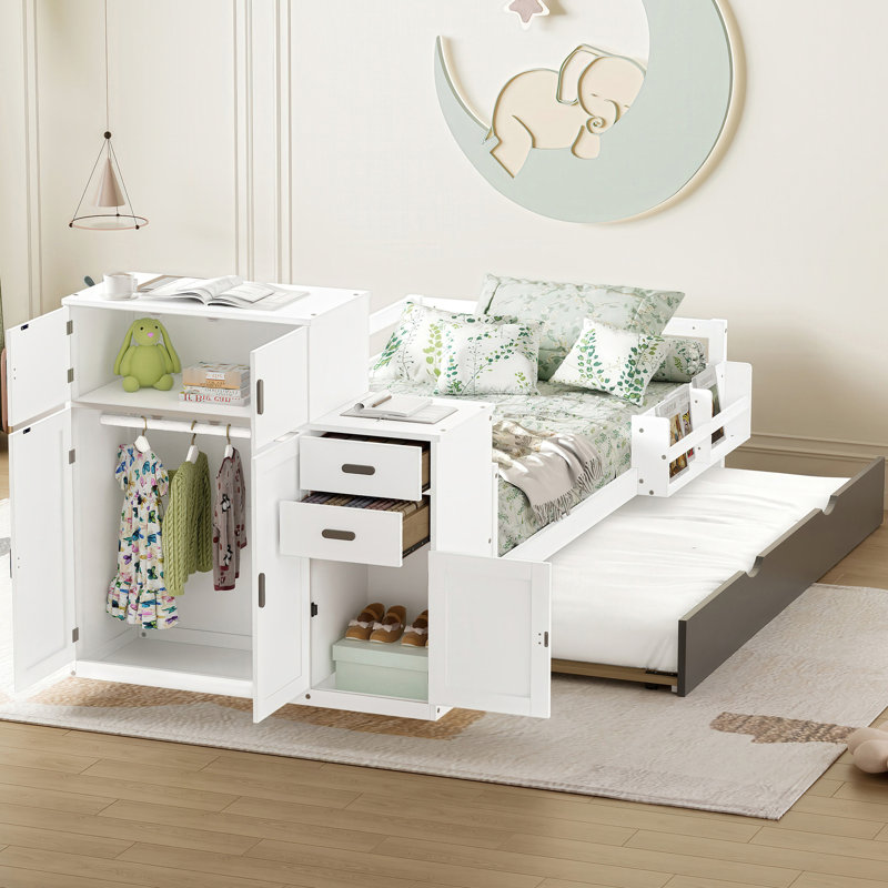 Lit plateforme simple en bois blanc avec bibliothèque pratique, garde-robe mobile et lit gigogne - armoire-penderie fonctionnelle pour chambre à coucher, incluse, organisée