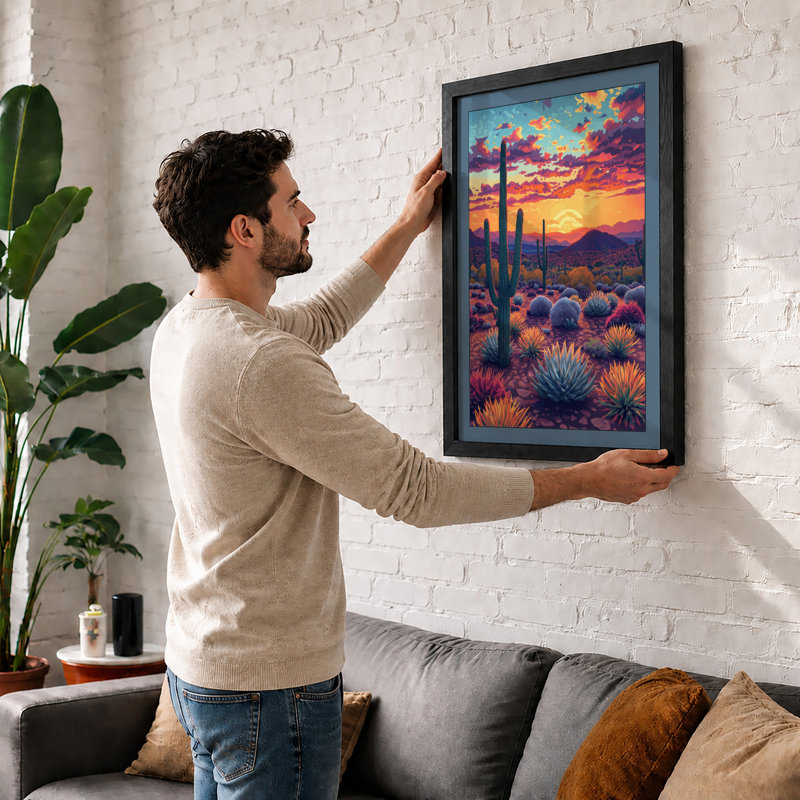 Desert at Dusk Landscape - Framed Print, Black, A4 - 29.7 x 21.0 cm