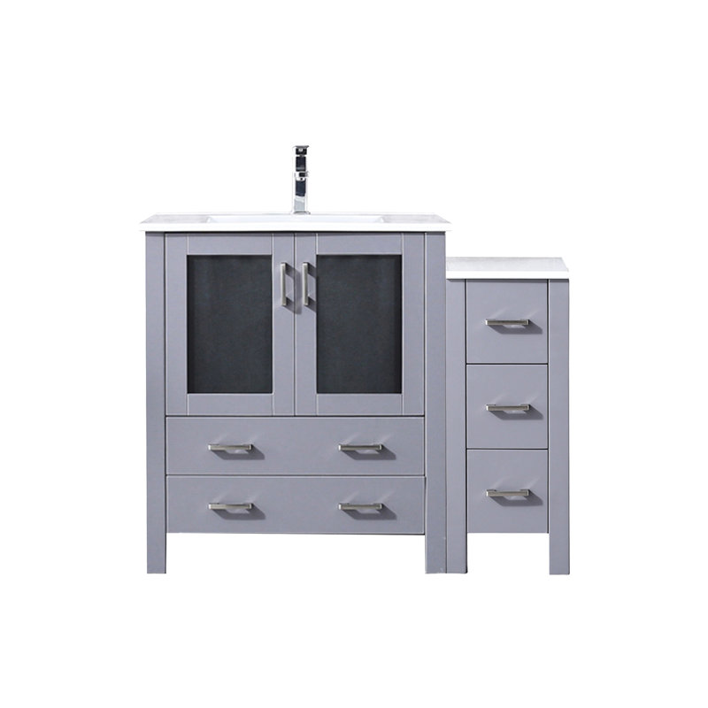 Meuble-lavabo simple gris foncé de 42 po Large avec comptoir en céramique blanche, robinet inclus, fonction de fermeture en douceur, une armoire intérieure et cinq tiroirs de rangement, comptoir Scratch,