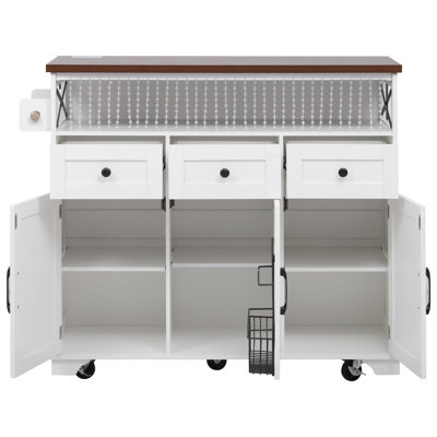 46.5" Farmhouse Kitchen Island Cart With Beaded Drape, Drop Leaf, Power Outlet, 3 Drawers & 3 Doors, White