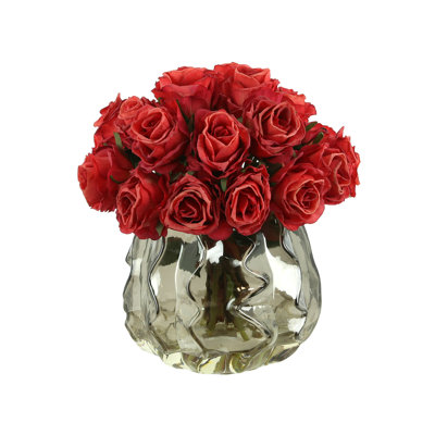 Dried Rose Arrangement in Wavy Glass Vase