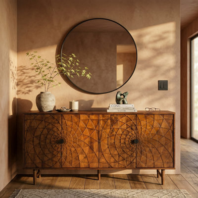 NTC Bloom Solid Wood Sideboard, 4-Door Cabinet with Sculptural Hand-Carved Radial Pattern, Artistic Statement Buffet for Living Room or Dining Space, Effortless Assembly, Dark Walnut