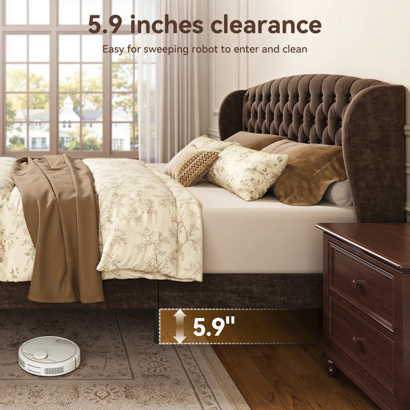 Chenille Upholstered Bed with Wingback Headboard, Bed Frame with Button Tufted Scroll Footboard, Wood Slats Support(Queen)