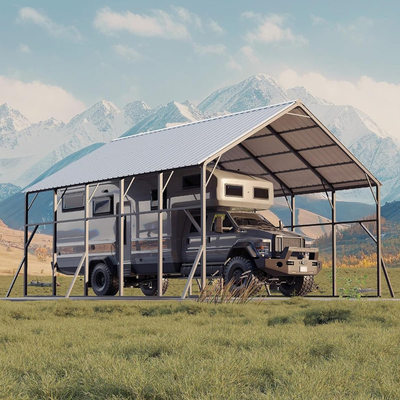 Heavy Duty Metal Carport Kit - 20x25 ft with 120° Steep-Pitch Vertical Roof for Snow Shedding, 173" High Clearance, Reinforced Frame Shelter for 2 Cars, RV and Tractor