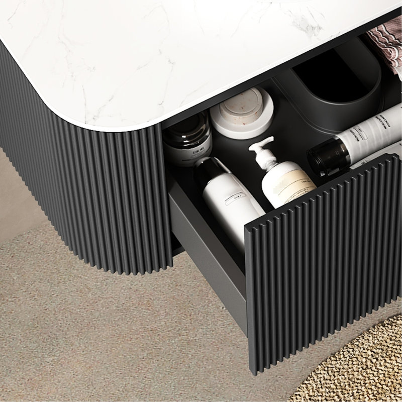 Meuble-lavabo mural de 36 po, lavabo rond blanc avec textures de pierre, armoire de rangement noire, conception 3D à trois côtés, tiroir à pleine extension, installation facile à installer