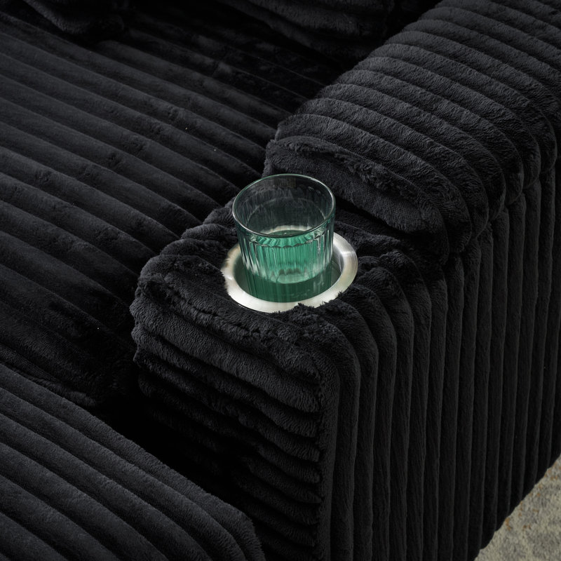 Corduroy Single Sofa With One Pillow, Two Throw Pillows, A Footstool And Two Storage Spaces., Black