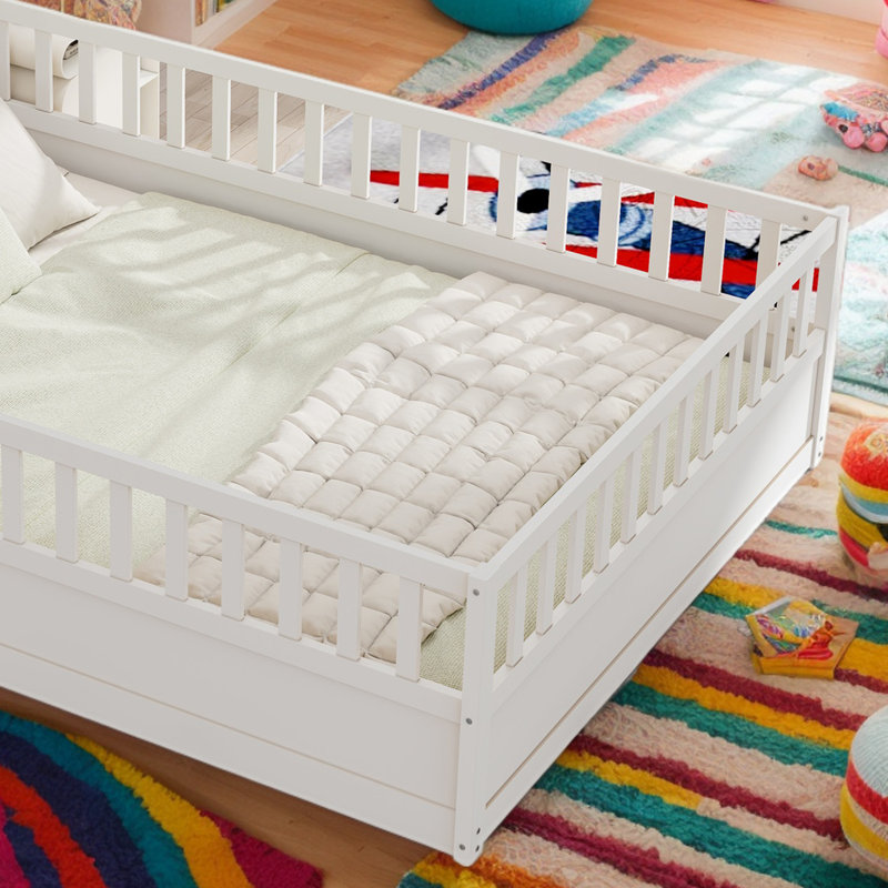 Lit plateforme pour enfant avec clôture et porte, Double, Blanc