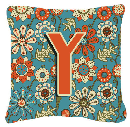 Lettre fleurs Monogram rétro intérieur/extérieur Throw Pillow, Y, 14" H x 14" L x 4" D