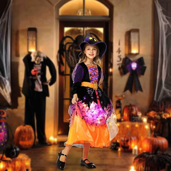 Déguisement de sorcière pour l'Halloween, robe de sorcière lumineuse et scintillante pour enfants, idéal pour une fête costumée féerique.