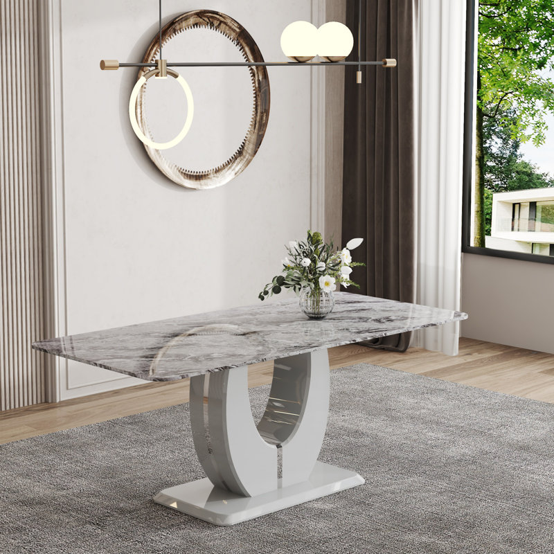 Rectangular Dining Table, Modern Table with U-Shaped Base, Light Gray Marble, 30"H x 71"L x 35.4"W