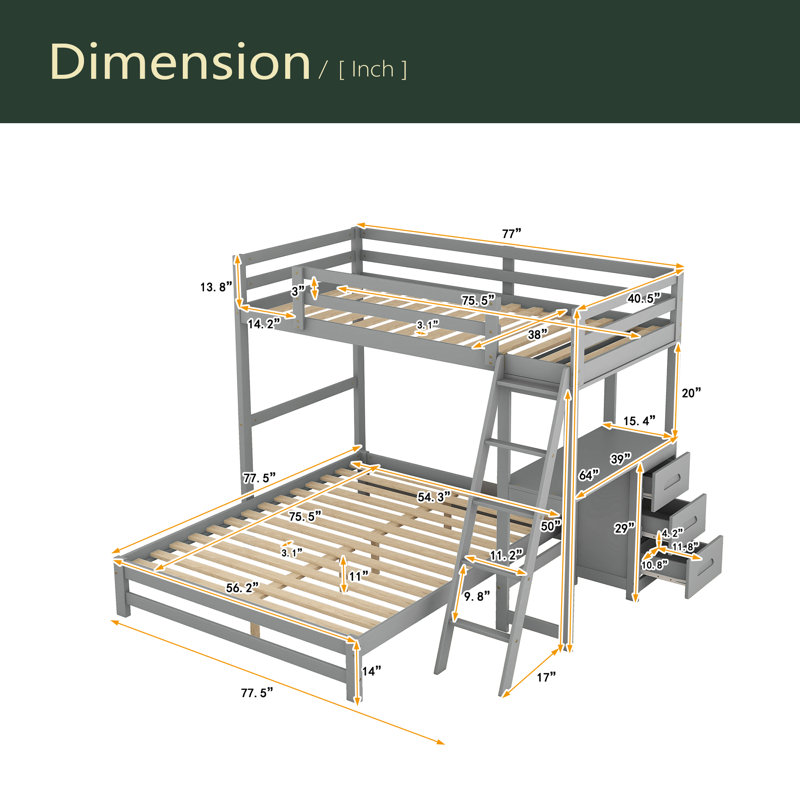 Twin Over Full Bunk Bed With Built-In Desk And Three Drawers, Grey