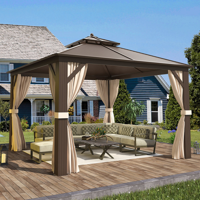 12' W x 12' D Hardtop Gazebo, Double Galvanized Steel Roof & Aluminum Frame for Hot Tub, Deck, Backyard, 12′ W × 12′ D, Brown