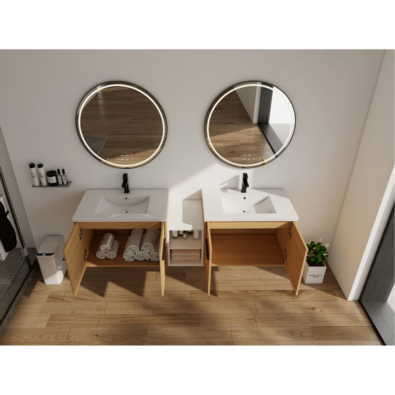 Meuble-lavabo mural 72 po avec lavabo de comptoir en résine et 1 tablette de rangement, 4 portes à fermeture douce (KD-Packing)