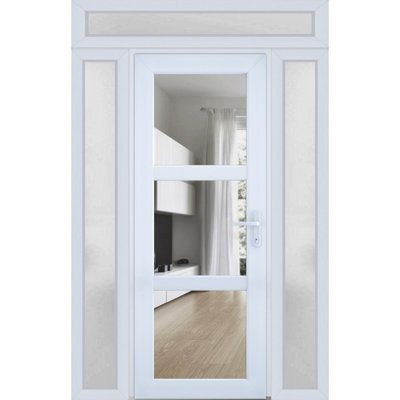 Front Exterior Prehung uPVC Metal-Plastic Door Clear Glass See-through Manux 8555 White Silk Clear Glass 2 Side and Top Exterior Window Office Commercial and Residential Doors Entrance Patio Garage-W12+36+12 x H80+14-Right-hand Inswing