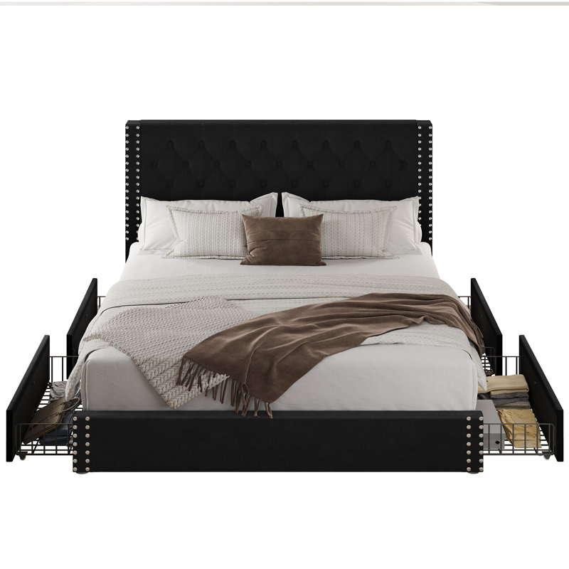 Lit plateforme tapissier avec tiroirs de rangement, Noir, Grand lit