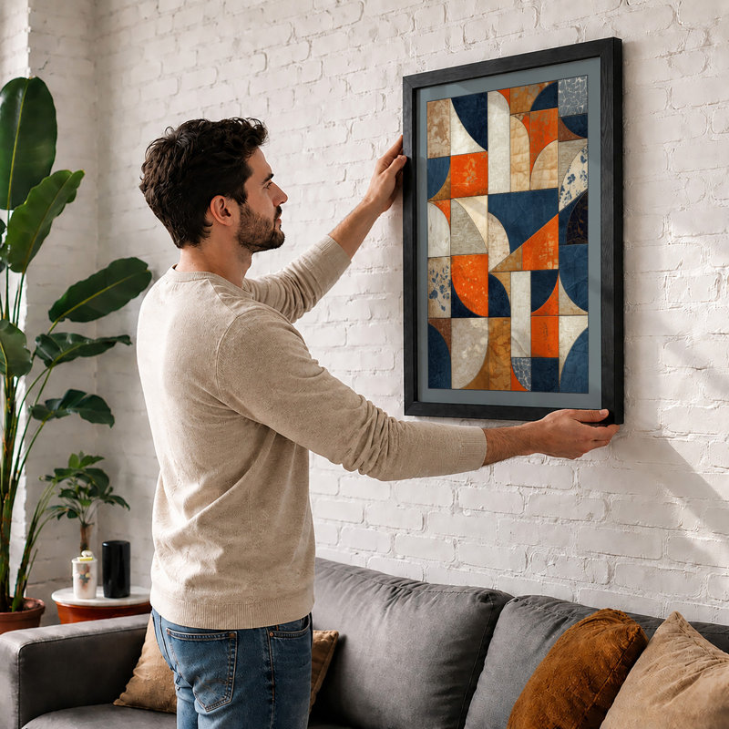 Geometric Tile Study Mid-Century - Framed Print, A2 - 59.4 x 42.0 cm, Black