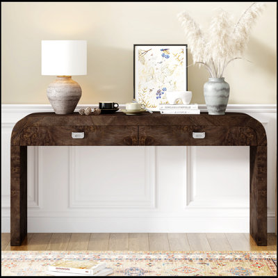 Table d'entrée 60 po en bois avec placage de ronce, console avec 2 grands tiroirs et poignées en métal, table de canapé multifonctionnelle avec 2 pieds robustes, convient au salon, au vestibule, au couloir, au bureau