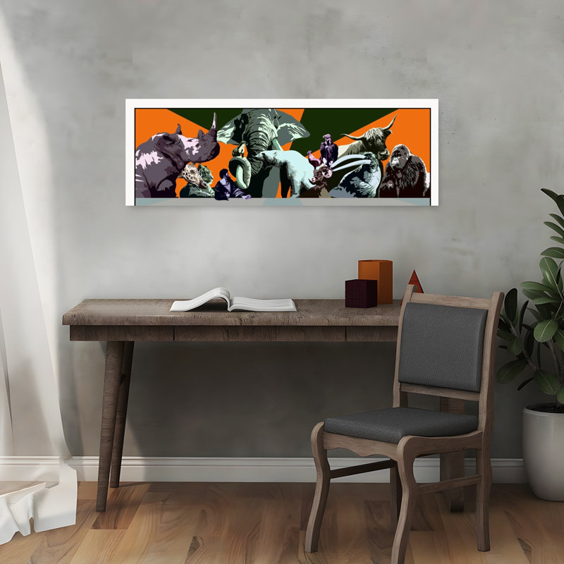 Art mural contemporain abstrait avec divers animaux, H 36 po x l 12 po